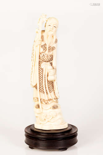 Chinese Bone Sculpture Scene of Chinese Wiseman Grabbing a Wand and Exotic Fruit in His Hands