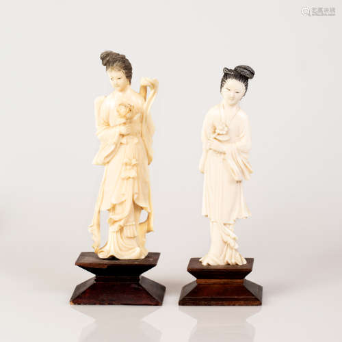 Pair Lot Old Bone Chinese Girls Holding a Flower Figure on Wooden Stand