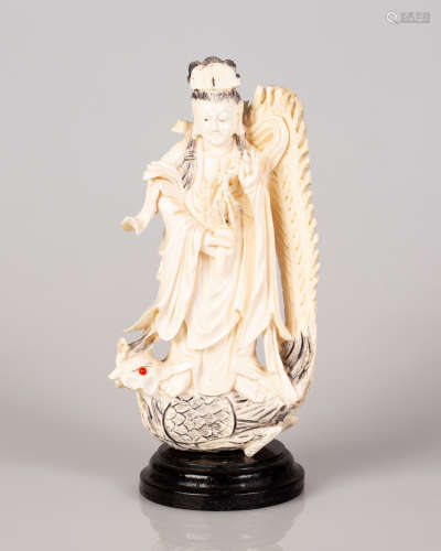 Old Chinese Bone Sculpture Girl Standing on Bird Figure