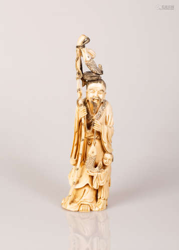 Old Chinese bone sculpture of a fisherman and his child