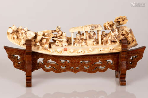 Mammoth Bone Tusk Scene Fishermen on a Ship