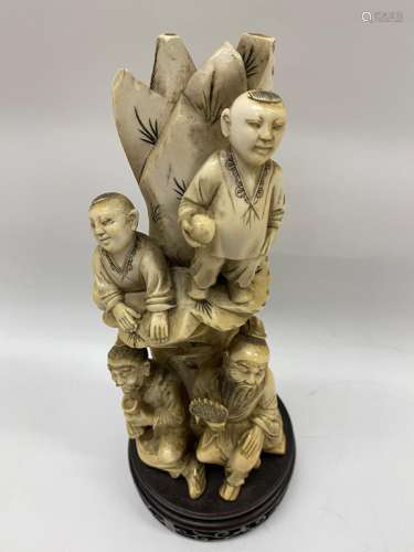 Chinese Bone Sculpture Scene Immortal Couple & Children Standing on Mountainside