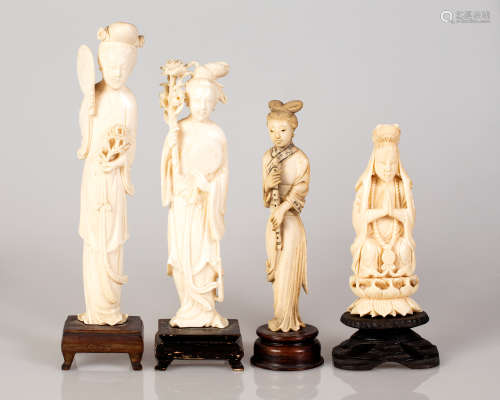 Lot of 4 Old Chinese Bone Statuettes, Girls on Wooden Stand