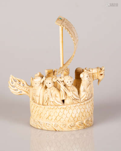 Chinese Bone Statuette Ship Carrying Immortals Figure