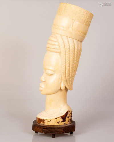 Large Sized Hollow African Bone Tusk Girl Figure on Wooden Stand