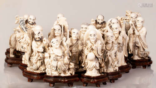 Bone Statuettes Luohan, Buddha Followers on Matching Wooden Stand