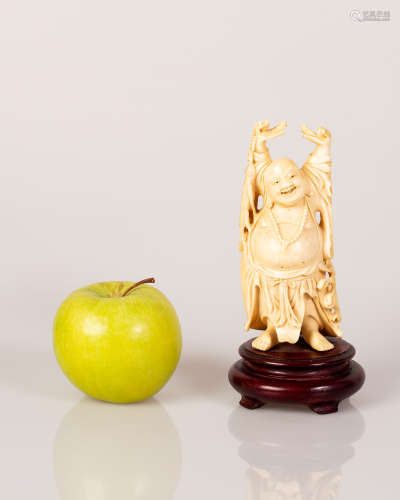 Japanese Bone Sculpture HOTEI God of Luck Figure on Wooden Stand