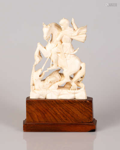 Indian Bone Sculpture, Warrior on Horse Fighting a Lizard