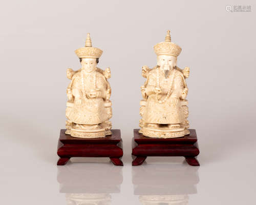 Pair of Old Chinese Bone Sculptures Emperor & Empress Figure on Wooden Stand
