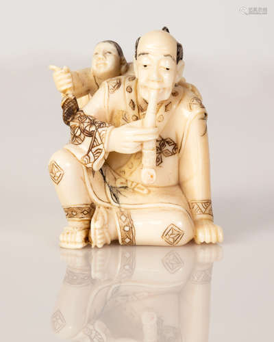 Old Bone Netsuke Child Holding His Father Smoking a Pipe