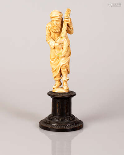 European Bone Statuette Mandolin Player Figure on Matching Wooden Stand