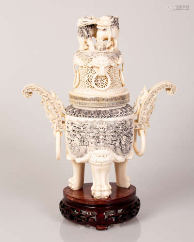 large signed Chinese bone censer - early 1900's