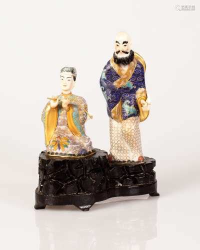 Old Chinese Statuette Man and Girl Figure on Wooden Bone & Cloisonne Stand