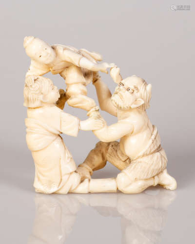 Old Japanese Bone Statuette Oni Imp Dancing w/ Two Children