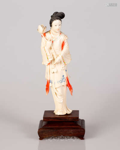 Old Chinese Bone Sculpture Girl Holding a Flower on Matching Wooden Stand