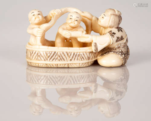 Old Bone Netsuke Scene Mother Bathing Her Children in Water Tub
