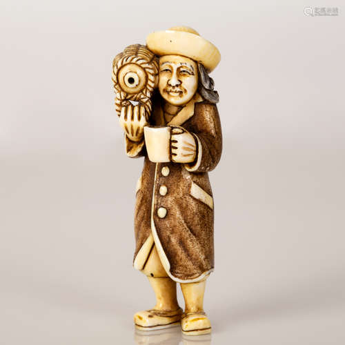 Bone Netsuke Scene Dutchman Drinking Wine From Jug