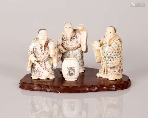 old signed Chinese bone sculpture of group drinking tea