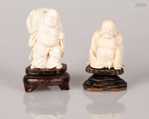 Lot 2 Old Japanese Bone Statuettes Buddha Figure on Wooden Stand