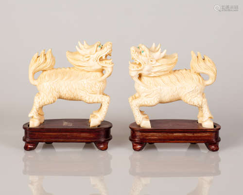Two Chinese Bone Statuettes Dragons w/ Turquoise Eyes