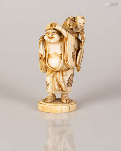 Japanese Okimono Bone Statuette Hotei God of Fortune w/ His Son