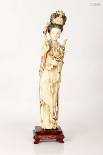 Old Chinese Bone Sculpture Girl Holding a Bundle of Flowers in Her Hands