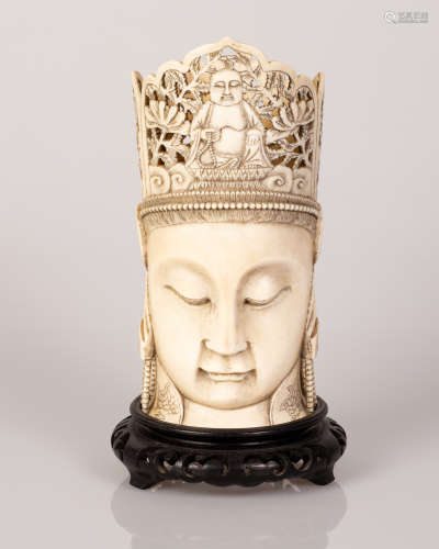 signed Chinese bone sculpture of Buddha head - early 1900's