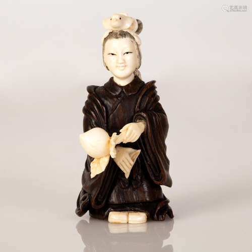 Bone Netsuke Chinese Girl Holding The Lotus Flower