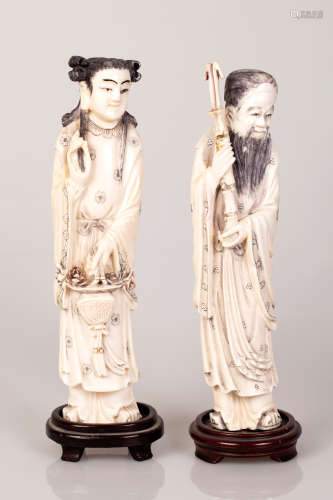 Pair of Chinese Bone Sculptures Immortals Figure