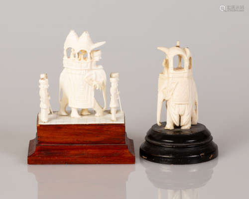 Pair of Indian Bone Statuettes Elephants on Wooden Stand
