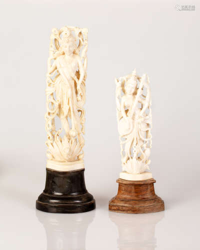 Pair of Indian Bone Sculptures Female Music Player & Female Dancer in Traditional Garments