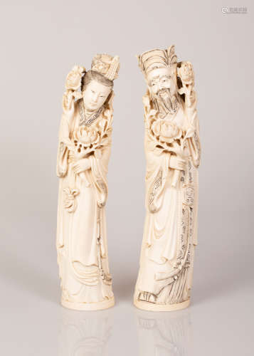 Pair of Old Chinese Bone Sculptures Emperor & Empress Figure