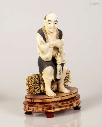Old Japanese Bone Carving, Figure Seated on Tree Branches