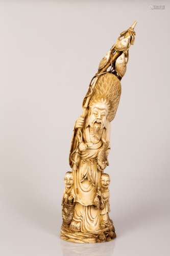 Chinese Bone Sculpture Fisherman w/ His Children