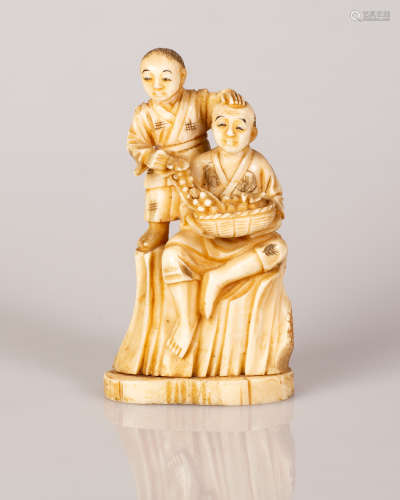 Old Japanese Bone Sculpture Father & Son Sitting Holding a Fruit Basket