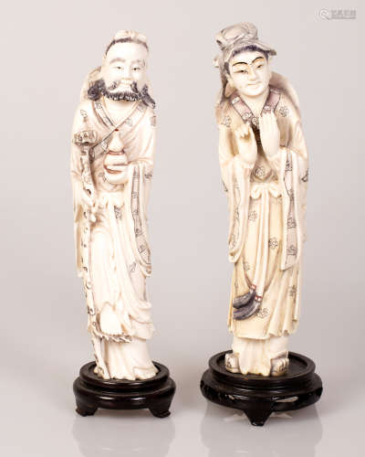 Pair of Old Chinese Bone Sculpture The Immortals Figure