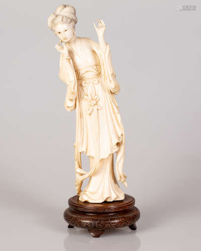 Chinese Bone Sculpture Girl on Matching Wooden Stand