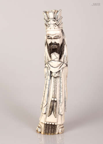 Impressive Large Sized Chinese Bone Sculpture Monk in Traditional Outfit