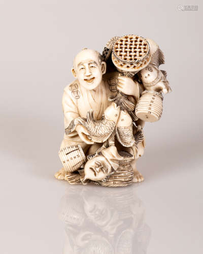 Japanese Okimono Bone Sculpture, The Gift Seller, Signed