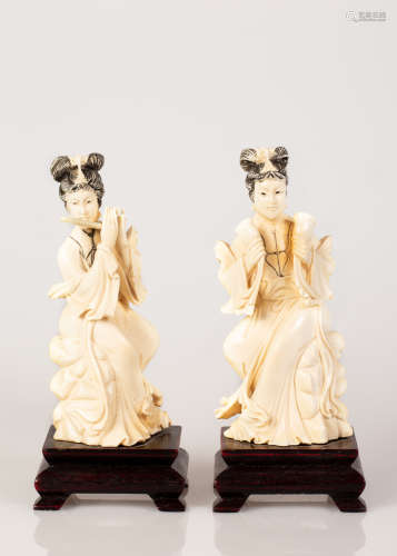 Pair of Chinese Sculptures, Old Bone Girls Playing Music on Matching Wooden Stand