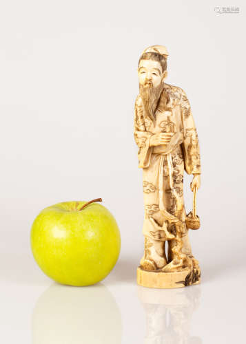 Chinese Old Bone Sculpture Old Man Holding a Basket Figure