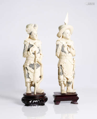 pair of antique Chinese, bone warriors, Qing dyn.