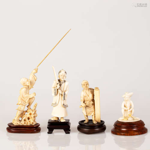 Lot 4 Bone Statuettes Different Figures on Matching Wooden Stand