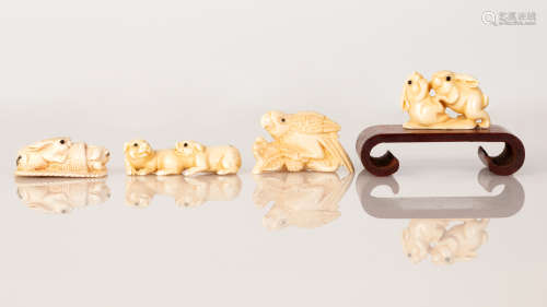 Lot of Bone Netsuke Two Pairs of Rabbits, Pair of Piggies & Parrot on Branch