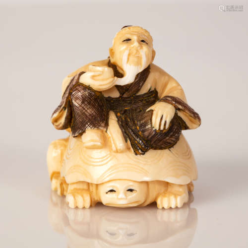 Netsuke Bone Scene Father & Daughter Seated on Turtle