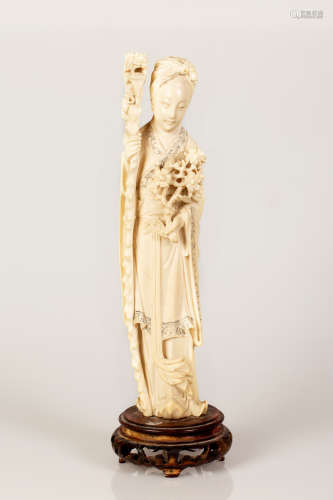 Chinese Bone Sculpture Figure of Beautiful Girl Holding a Long Wand & Flowery Bouquet