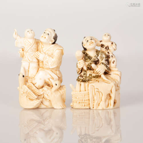 Lot Pair of Bone Netsuke Family Scene Depicting Father & Son Playing