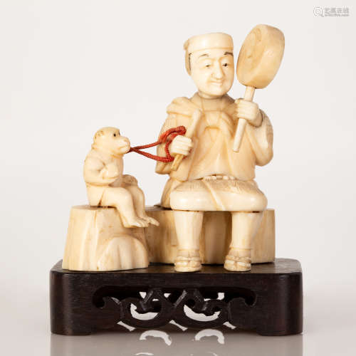 Old Japanese Bone Statuette The Monkey Trainer on Wooden Stand