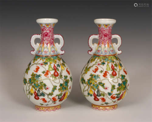 PAIR OF CHINESE PORCELAIN VASES, ENAMEL-PAINTED PATTERNS & DOUBLE HANDLE