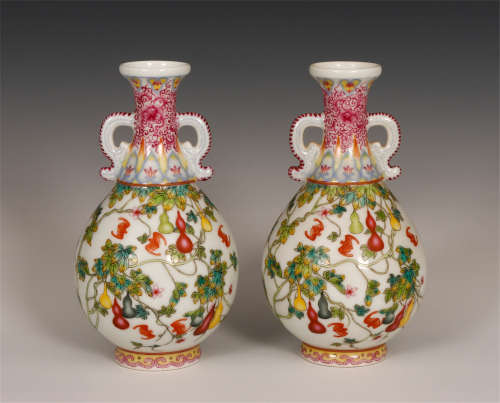 PAIR OF CHINESE PORCELAIN VASES, ENAMEL-PAINTED PATTERNS & DOUBLE HANDLE